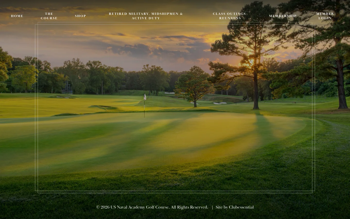 The desktop homepage features a wide hero image of a lush, sunlit golf course at sunset with a white flag on a green. A navigation menu with gold text links like 'Home', 'The Course', and 'Membership' sits at the top, and a thin white rectangular border frames the central landscape. The color palette is dominated by natural greens, golds, and deep sunset hues.