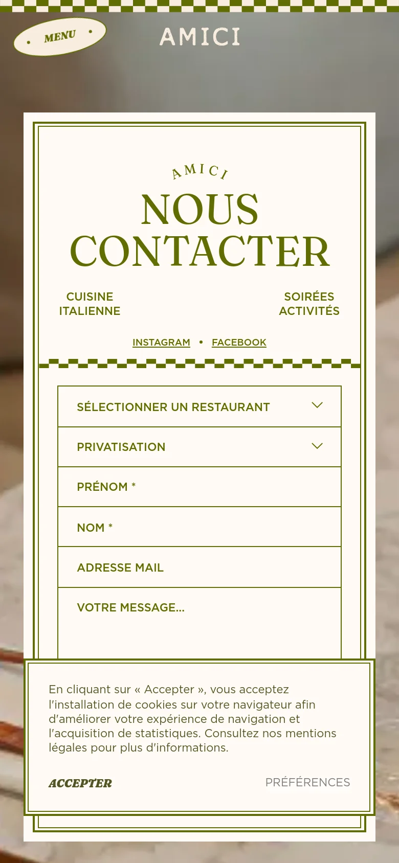 The mobile version maintains the same aesthetic with the central white card and olive green typography, but the layout is vertically compressed. The text elements and form fields are stacked to fit the narrower screen, and a cookie consent banner appears at the bottom of the viewport.