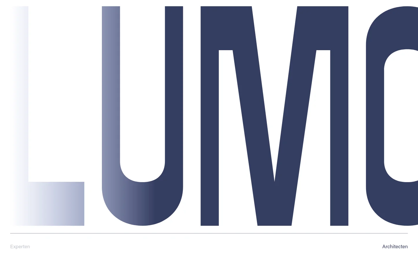 The desktop homepage features a minimalist design with the large, stylized brand name 'LUMO' in dark navy blue against a white background. At the bottom, a thin horizontal line separates the hero area from two navigation links: 'Experten' on the left and 'Architecten' on the right.