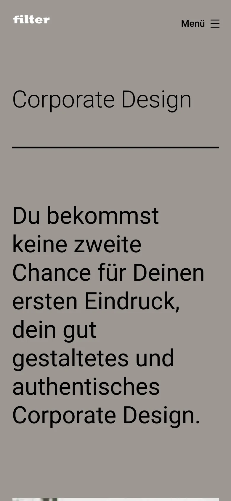 The mobile version simplifies the layout with the 'filter' logo on the top left and a 'Menü' hamburger icon on the top right. The large 'Corporate Design' headline and subheadline are stacked vertically, occupying most of the screen width.