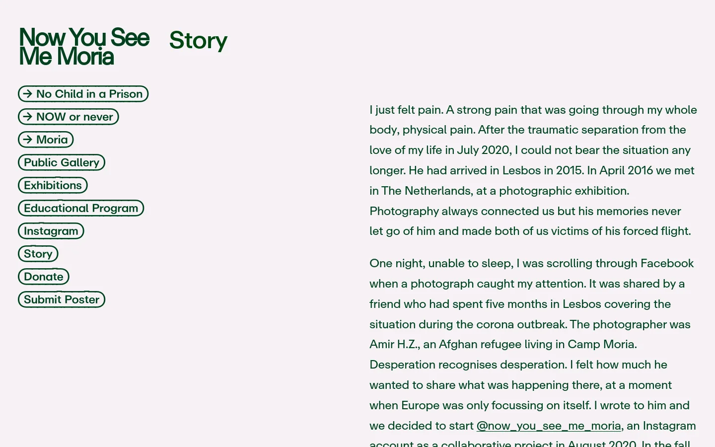 The desktop version features a minimalist white background with a large dark green title 'Now You See Me Moria' and a 'Story' heading. A vertical sidebar on the left contains several pill-shaped navigation buttons with arrows, while the main body text is arranged in a single column on the right side of the page.