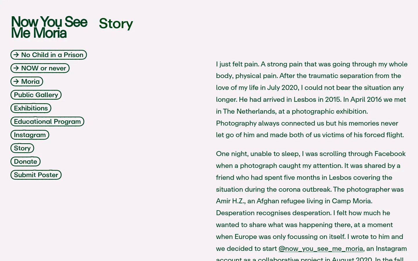 The desktop version features a minimalist white background with a large dark green title 'Now You See Me Moria' and a 'Story' heading. A vertical sidebar on the left contains several pill-shaped navigation buttons with arrows, while the main body text is arranged in a single column on the right side of the page.