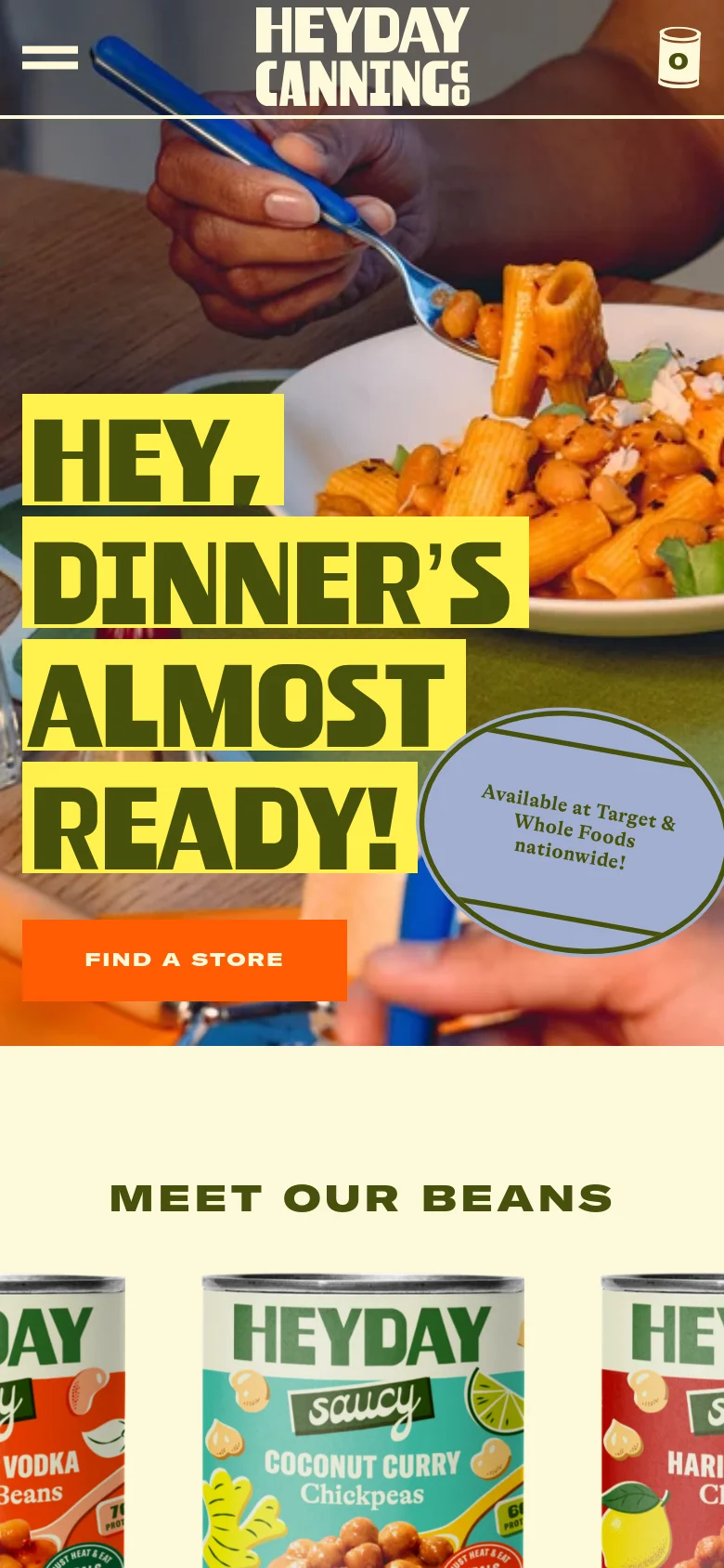 The mobile version presents a vertically stacked layout with the hero image and bold yellow headline at the top, followed by the orange 'FIND A STORE' button. The navigation is condensed into a hamburger menu and an account icon, and the product section below shows bean varieties in a single-column scrollable format.