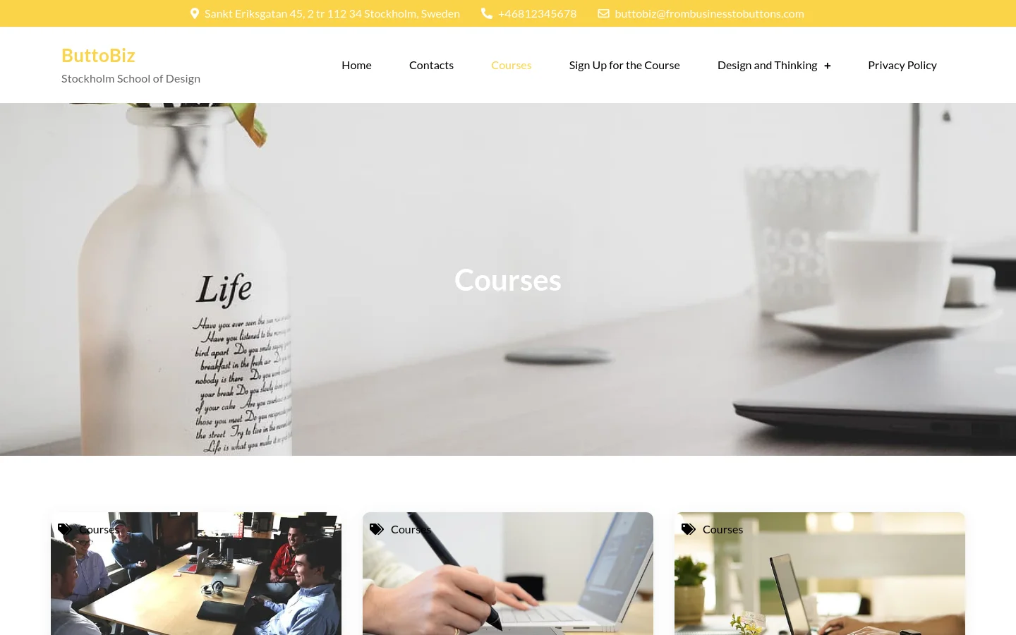 The desktop page features a large hero image of a desk with a white vase and the word 'Courses' in white text. Below the hero, a grid layout displays course cards, each containing a thumbnail image, a category tag, a course title, a brief description, and a 'Learn More' button. The header includes the ButtoBiz logo and a navigation menu with links like Home, Contacts, and Courses against a white background.
