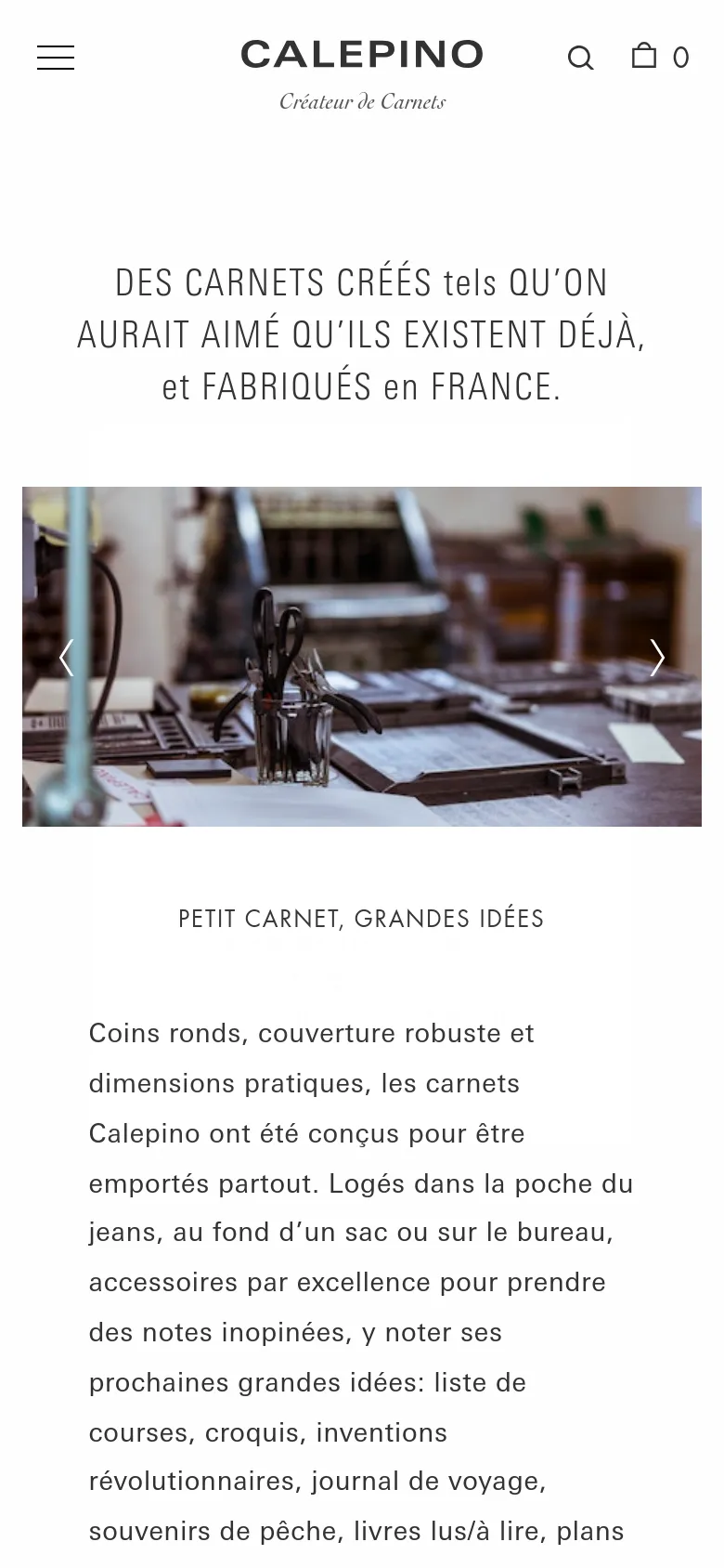 The mobile version maintains the clean white aesthetic but uses a condensed layout. The header features a hamburger menu, centered logo, and search/cart icons. The hero headline and workshop image carousel are scaled to fit the narrow screen, with the descriptive text flowing in a single vertical column for easy scrolling.