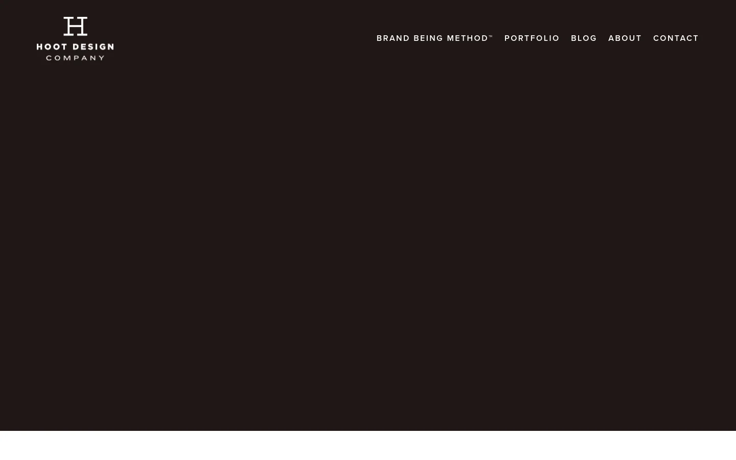 The desktop homepage features a dark header with the Hoot Design Company logo and a navigation menu including Brand Being Method, Portfolio, Blog, About, and Contact. The hero section uses a white background with large red and black text, a primary red call-to-action button labeled 'Let's work together', and a row of media logos including USA Today, Forbes, Entrepreneur, and Inc.