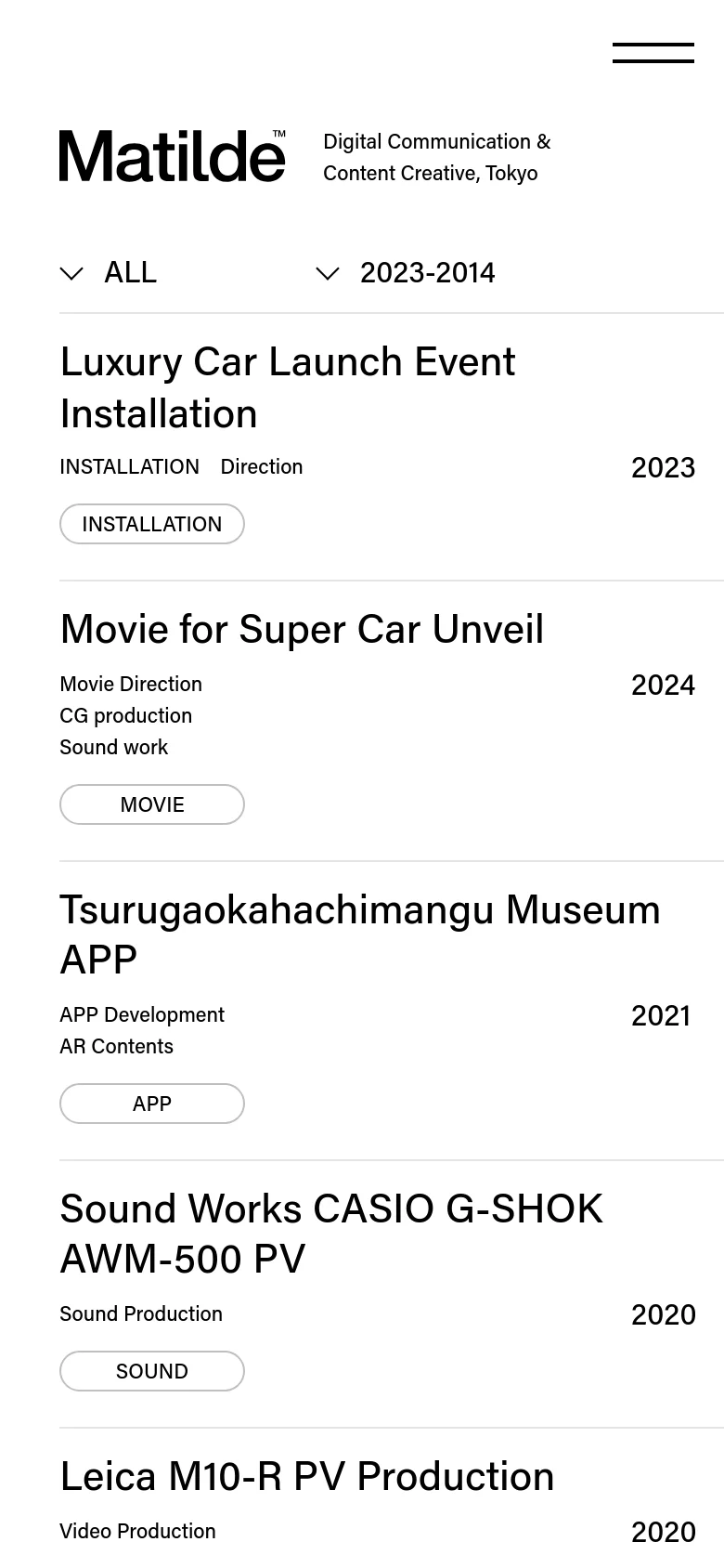The mobile version maintains the minimalist white and black aesthetic but transitions to a vertical stack layout. The project list is condensed, with text and tags flowing vertically to fit the narrow screen width, ensuring readability of the project titles and years.