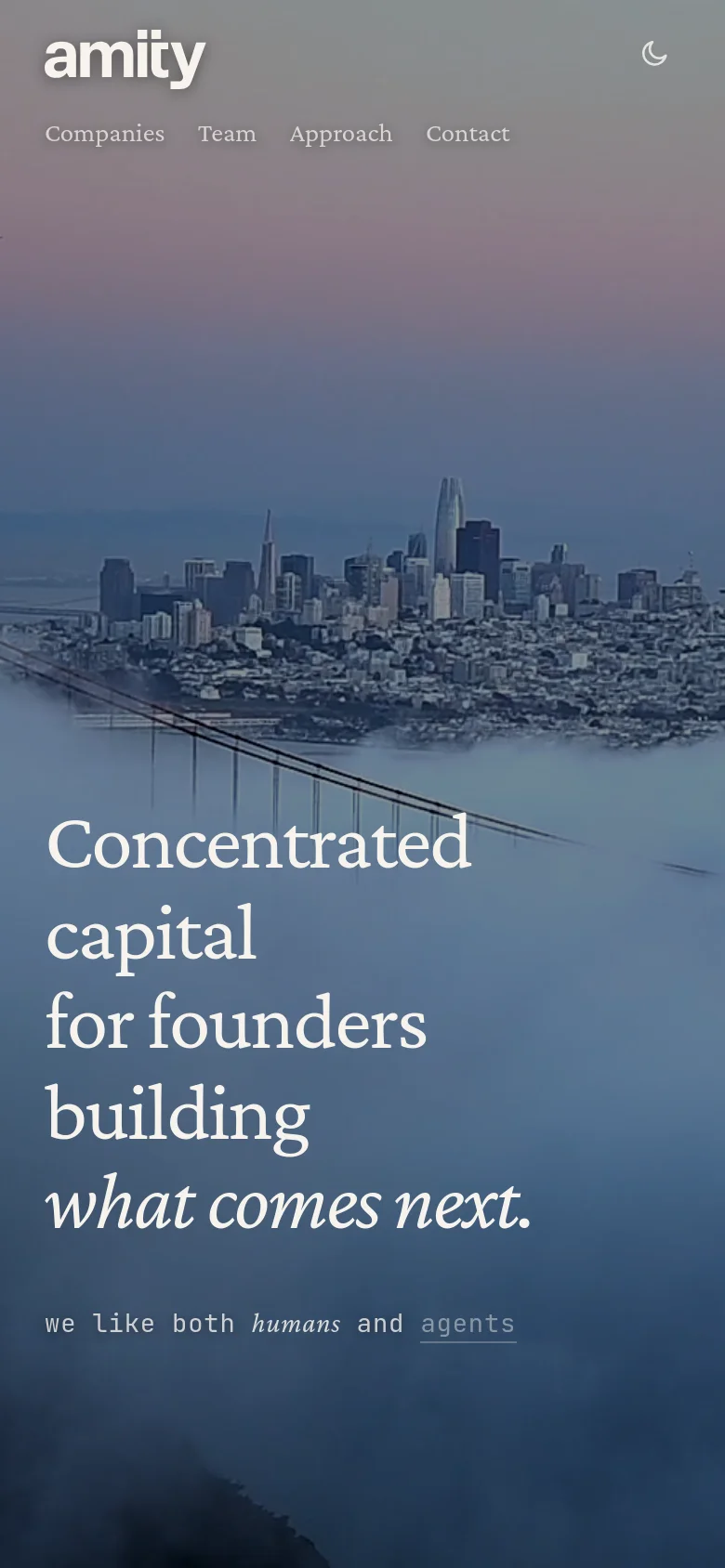 The mobile version presents a vertically oriented view of the foggy San Francisco skyline. The navigation links are stacked or reorganized into a simplified header, and the large white headline is centered prominently over the landscape imagery to fit the narrow screen.