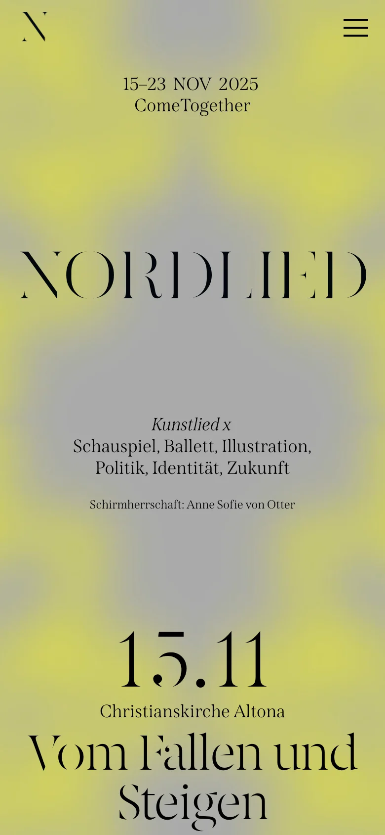 The mobile version maintains the blurred yellow and grey aesthetic but uses a vertical layout. The 'NORDLIED' title is prominently centered, and the navigation is condensed into a hamburger menu icon at the top right. The content flows vertically, starting with the dates and the first event headline '15.11 Christianskirche Altona'.