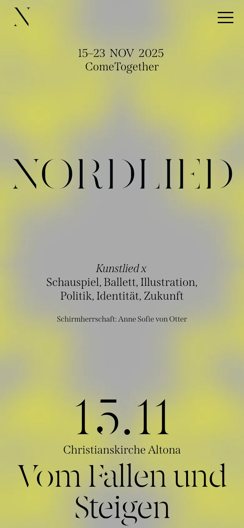 The mobile version maintains the blurred yellow and grey aesthetic but uses a vertical layout. The 'NORDLIED' title is prominently centered, and the navigation is condensed into a hamburger menu icon at the top right. The content flows vertically, starting with the dates and the first event headline '15.11 Christianskirche Altona'.