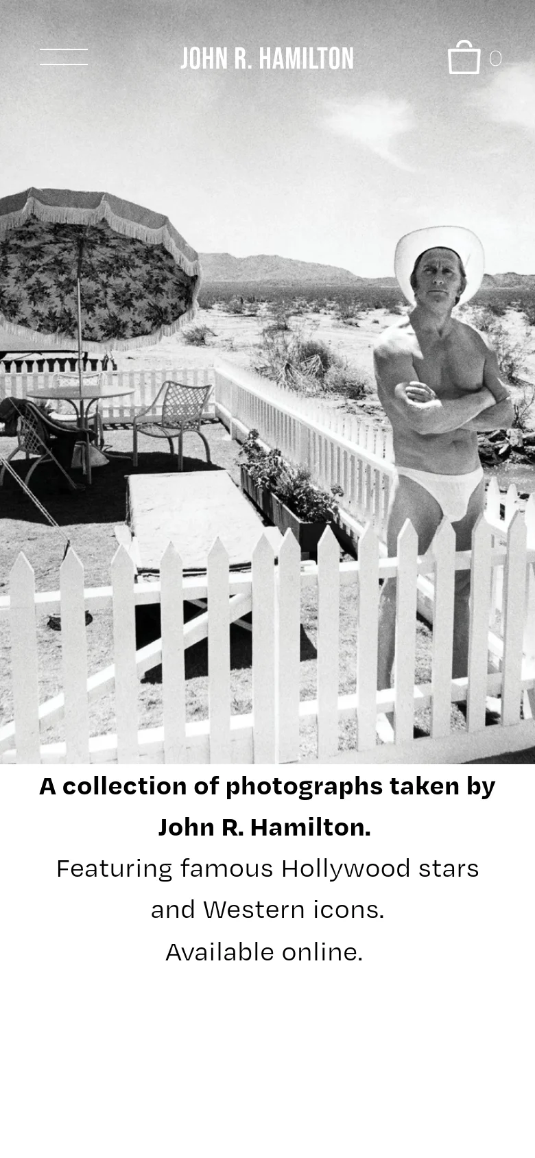 The mobile version presents a vertically stacked layout, starting with a full-width black and white hero image of a man by a picket fence. The site title and a hamburger menu icon are overlaid at the top, while the descriptive text is centered below the image. The overall aesthetic remains minimalist and high-contrast, focusing on the large-scale photography.