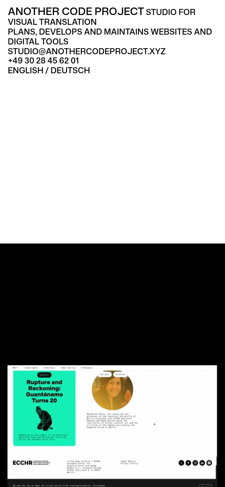 The mobile version maintains the minimalist black-and-white aesthetic but uses a single-column vertical layout. The text is larger for readability, and the contact information and project list are stacked vertically to fit the narrow screen width.