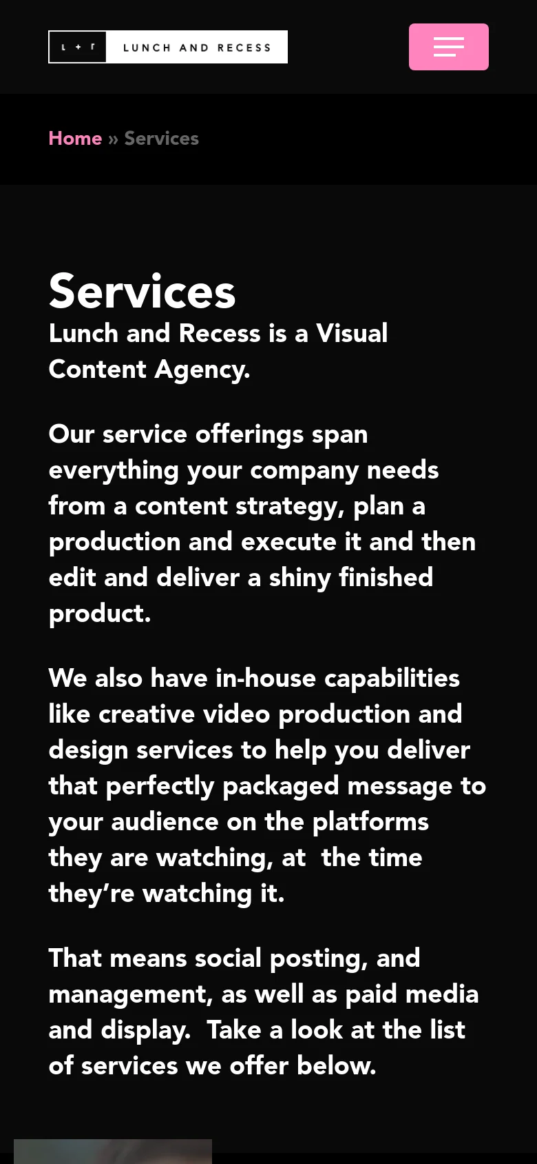 The mobile version simplifies the layout with a hamburger menu icon and a condensed logo at the top. The hero section maintains the dark theme and large 'Services' headline, but the text is stacked vertically to fit the narrower screen width.