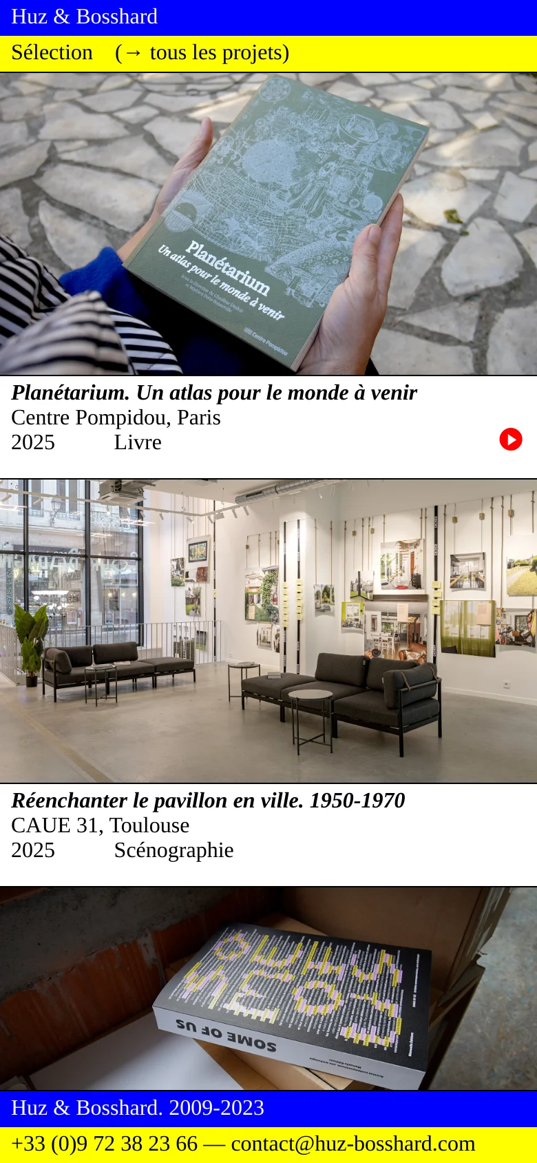 The mobile version maintains the blue and yellow color scheme but presents a single-column vertical layout. The large hero image and subsequent project images are scaled to fit the width of the screen, with text and metadata stacked directly underneath each image for easy scrolling.