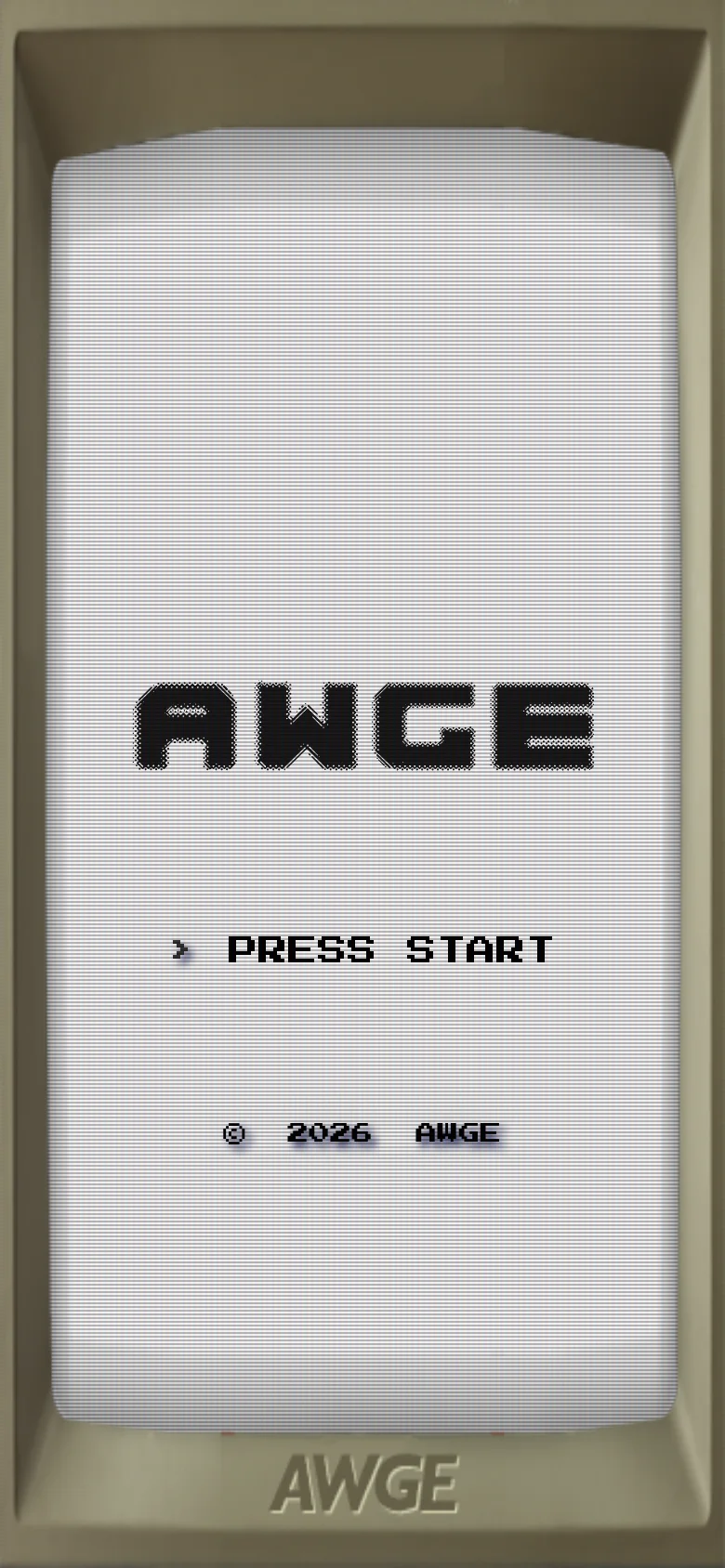 A mobile version of the website featuring a vertically oriented retro television frame. The screen shows the pixelated 'AWGE' logo centered above the text '> PRESS START' and a copyright notice, maintaining the minimalist, lo-fi aesthetic of the desktop version.