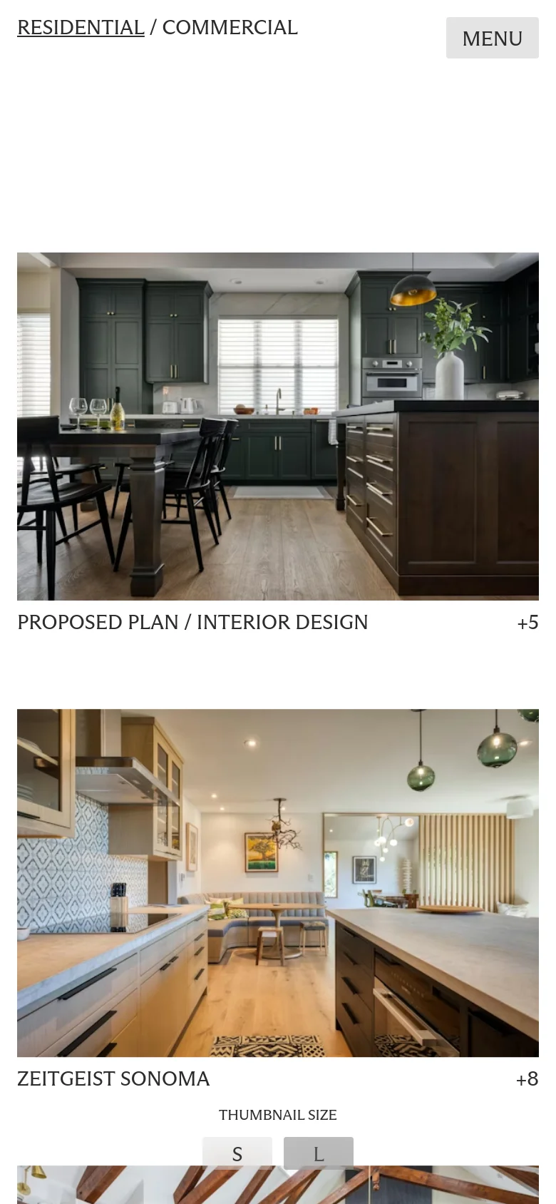 The mobile version presents a vertically stacked layout optimized for small screens. The navigation is condensed into a 'MENU' button, and the project images appear as large, single-column full-width tiles with titles and photo counts positioned below each image. The color palette remains a clean white with dark text, focusing on a single-column scroll of high-resolution interior shots.