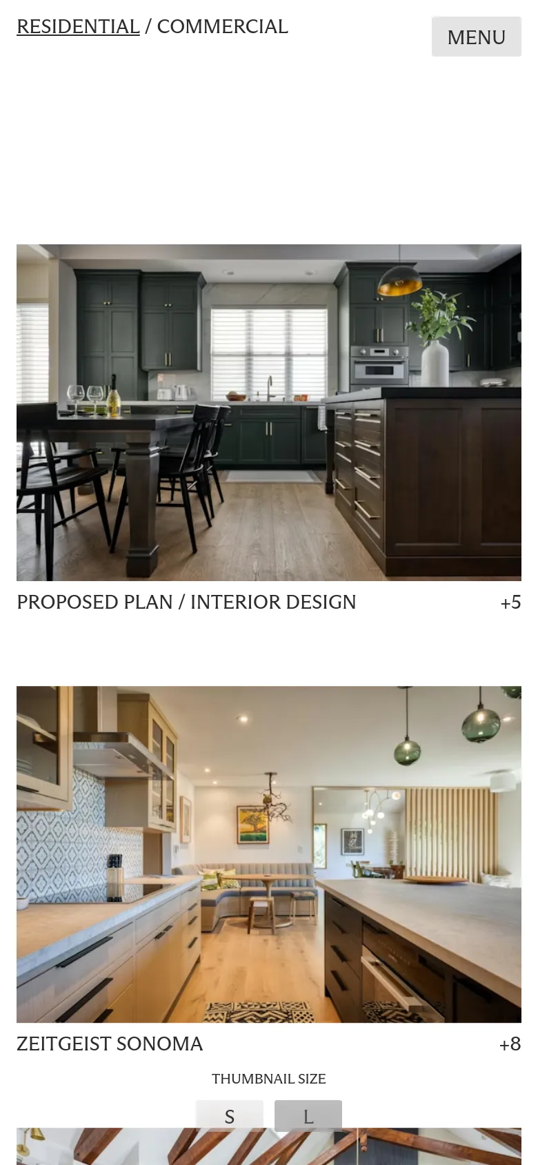 The mobile version presents a vertically stacked layout optimized for small screens. The navigation is condensed into a 'MENU' button, and the project images appear as large, single-column full-width tiles with titles and photo counts positioned below each image. The color palette remains a clean white with dark text, focusing on a single-column scroll of high-resolution interior shots.