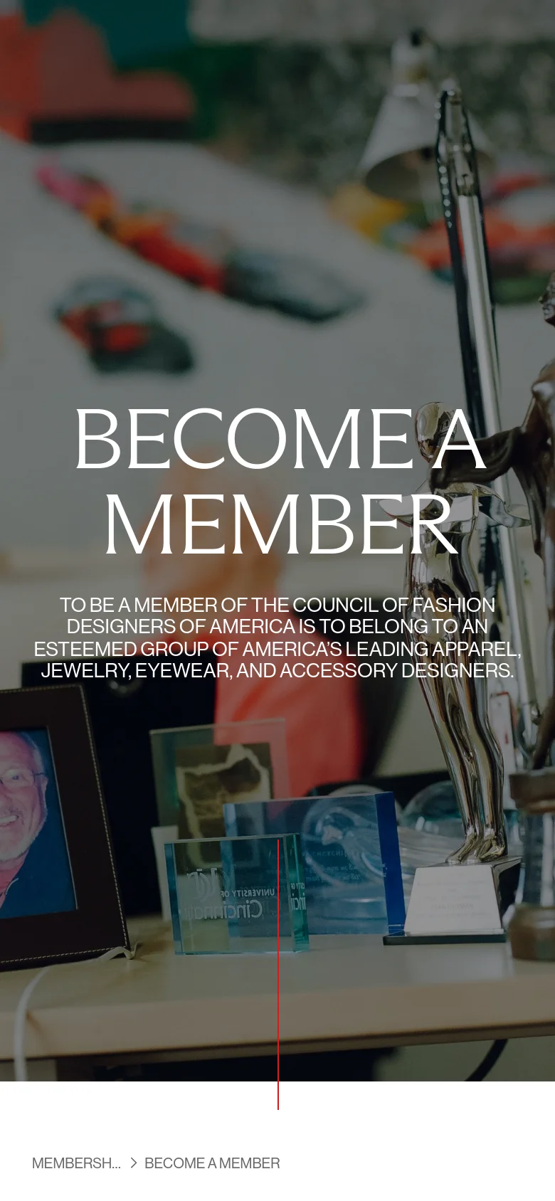 The mobile version maintains the same hero imagery and white serif typography, but the layout is vertically compressed. The headline and subtext are centered and stacked to fit the narrower screen, and the breadcrumb navigation at the bottom is truncated to 'MEMBERSH... > BECOME A MEMBER'.