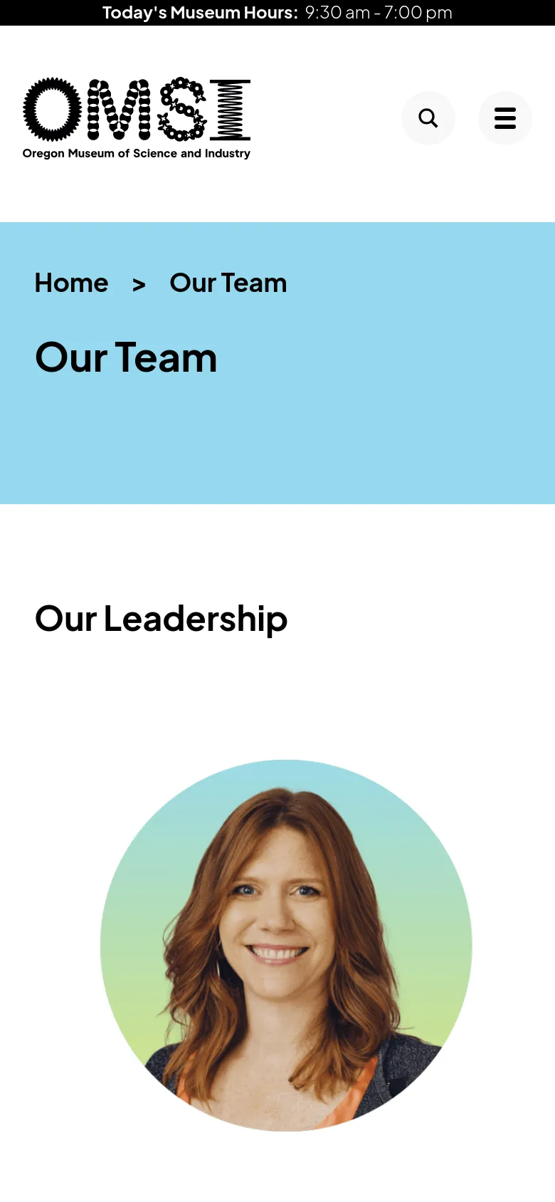 The mobile version simplifies the layout, replacing the top navigation bar with a search icon and a hamburger menu icon. The light blue hero section remains with the 'Our Team' heading, but the 'On This Page' sidebar is removed to prioritize a vertical stack of content, starting with the 'Our Leadership' heading and circular staff portraits.
