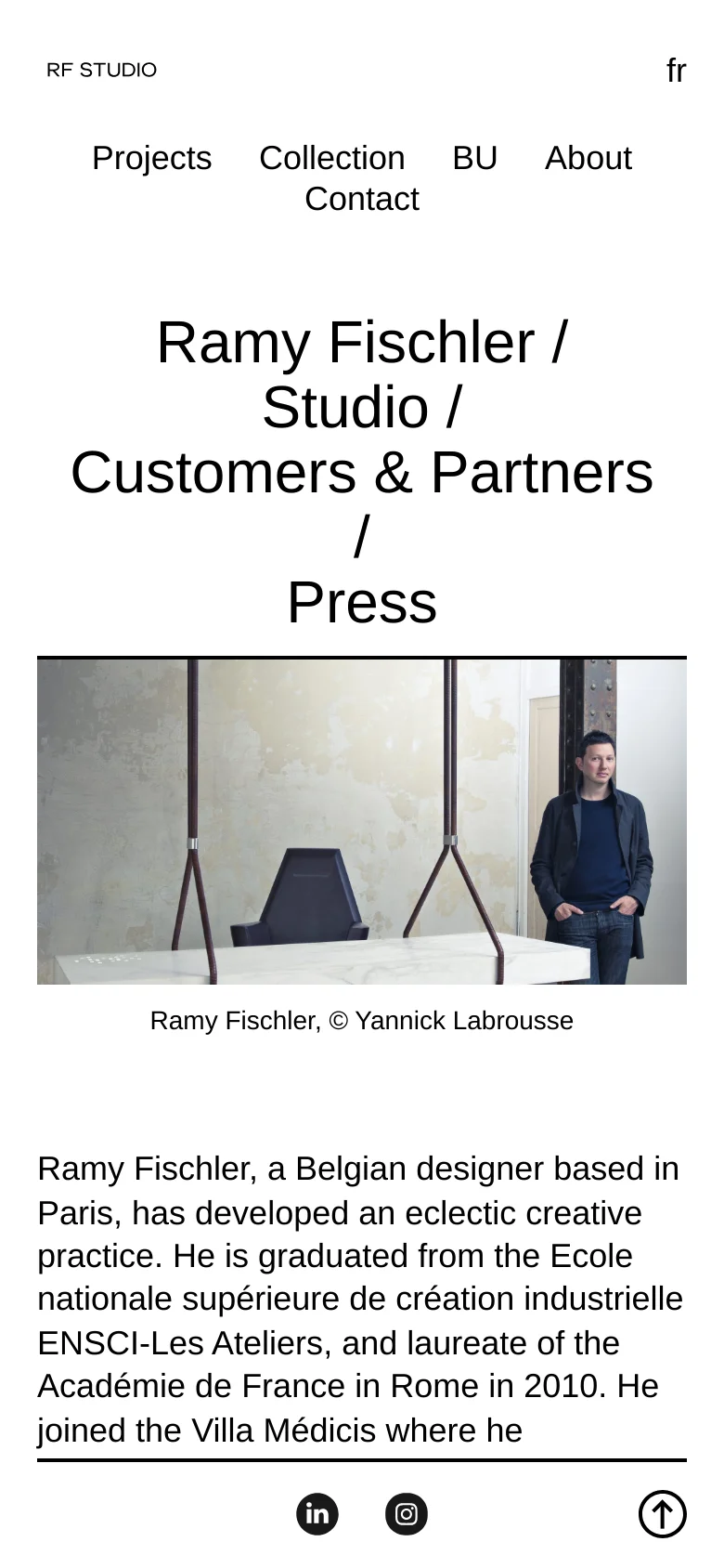The mobile version simplifies the layout, stacking the navigation links vertically above the main headline. The hero image is scaled down to fit the width of the screen, and the text content follows below, with social media icons and a back-to-top button fixed at the bottom.