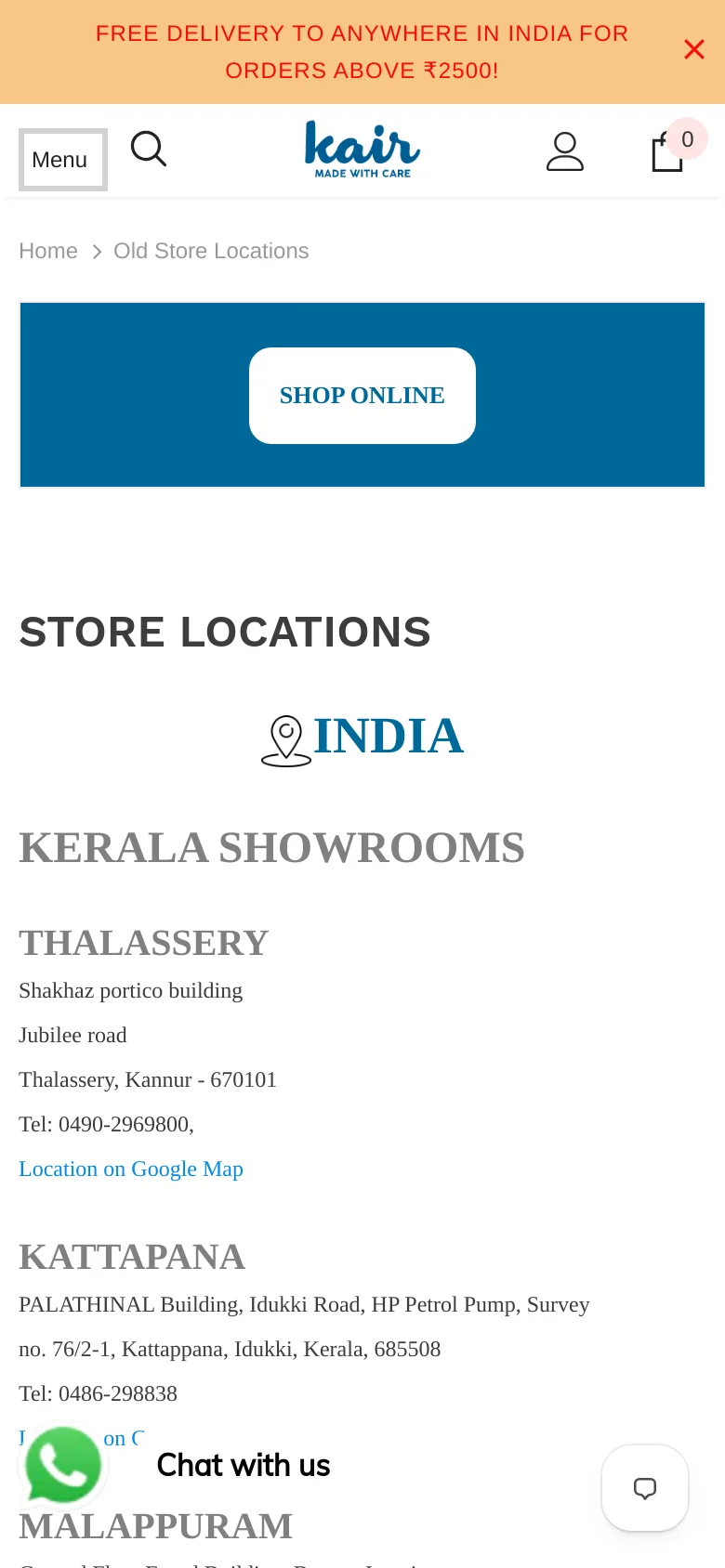The mobile version presents a simplified vertical layout with a condensed header containing a hamburger menu, search icon, logo, and shopping cart. The blue 'SHOP ONLINE' banner spans the width of the screen, followed by a single-column list of showroom locations and contact details optimized for vertical scrolling.