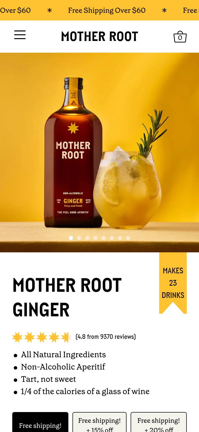 Mobile version of the product page with a stacked layout. The hero image is a full-width carousel at the top, followed by the product title, star ratings, and bulleted benefits. The purchase selection buttons and subscription options are displayed vertically below the product information.