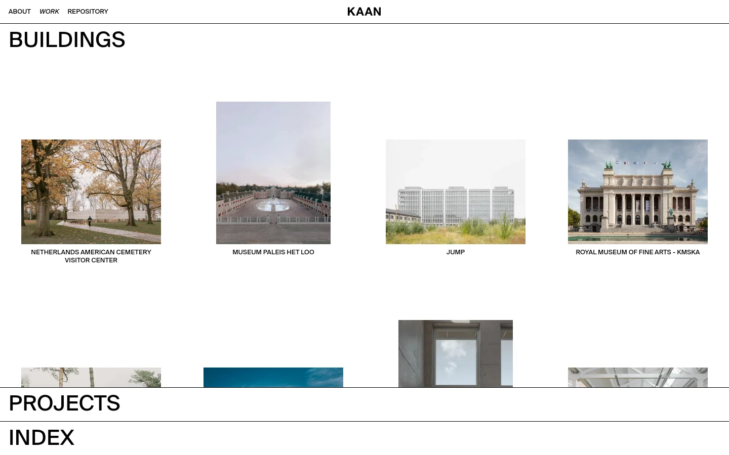 The desktop version of the Work page features a clean, minimalist layout with a white background and black sans-serif typography. A large 'BUILDINGS' heading is followed by a grid of architectural project images, each with its title centered underneath. The grid displays projects like the Netherlands American Cemetery Visitor Center and Museum Paleis Het Loo in a wide, multi-column format.