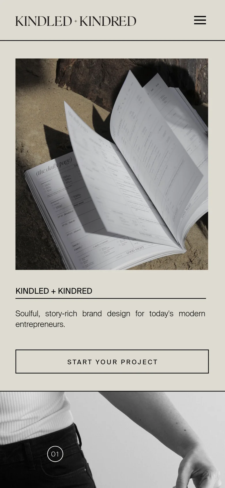 The mobile version uses a single-column vertical layout with a large hero image of an open notebook at the top. Below the image, the brand name 'KINDLED + KINDRED' is centered above the headline and a full-width 'START YOUR PROJECT' call-to-action button. The navigation menu is condensed into a hamburger icon at the top right.