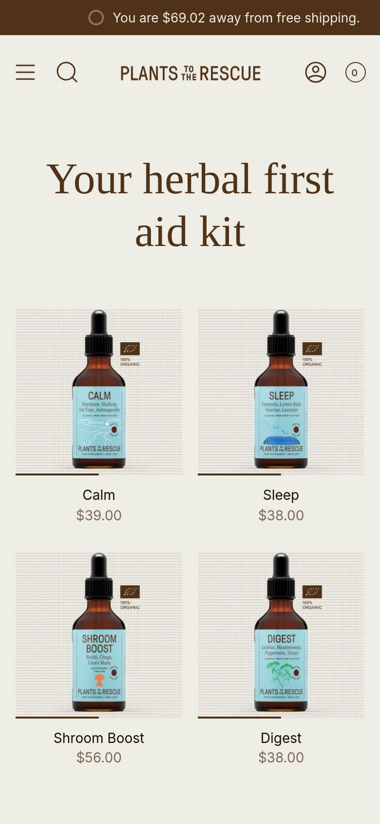 The mobile version maintains the cream-colored aesthetic and 'Your herbal first aid kit' headline but transitions to a single-column vertical layout for product listings. The navigation includes a hamburger menu, search icon, and user profile icon, while the product grid is simplified for vertical scrolling.
