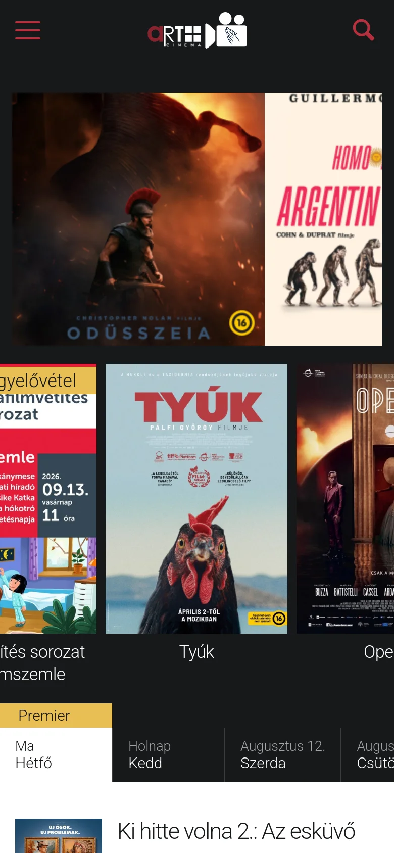 The mobile version presents a simplified vertical layout with a hamburger menu and search icon in the header. The movie posters are stacked vertically, and the navigation links are condensed, focusing on a single-column view of film details and upcoming showtimes.