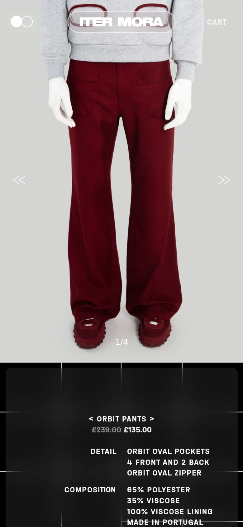 Mobile view of the Orbit Pants page with a vertical stack layout. A large hero image of the maroon pants occupies the top half, followed by a dark section containing the product title, discounted price, details, and composition. Navigation elements and selection buttons are condensed for a narrow screen.