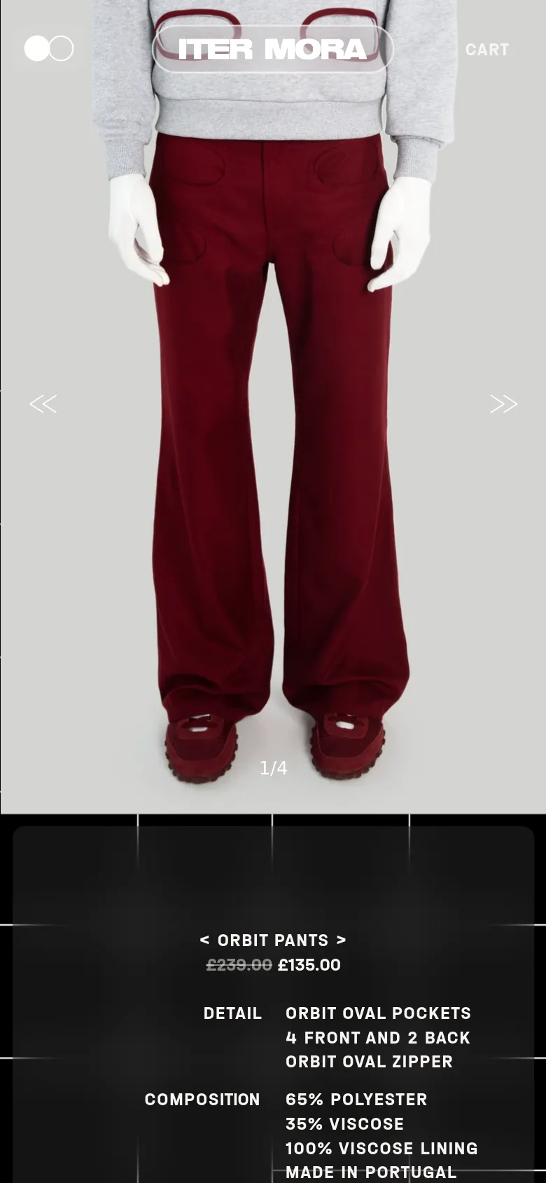 Mobile view of the Orbit Pants page with a vertical stack layout. A large hero image of the maroon pants occupies the top half, followed by a dark section containing the product title, discounted price, details, and composition. Navigation elements and selection buttons are condensed for a narrow screen.