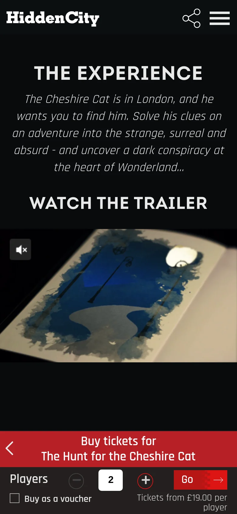 The mobile version uses a vertical layout with a centered 'THE EXPERIENCE' headline and descriptive text. The hero video is scaled to fit the narrow screen, and the red ticket booking bar is fixed to the bottom, featuring simplified player controls and a 'Go' button.
