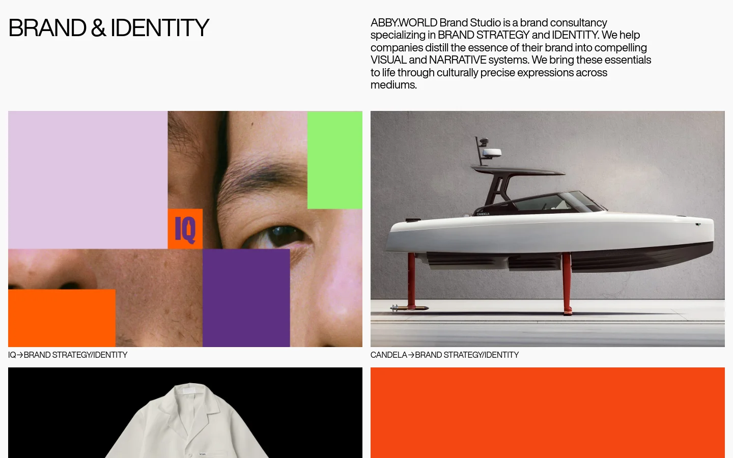 The Brand & Identity page features a minimalist layout with a large headline and a descriptive paragraph on a white background. Below the text, a grid of large, high-quality project images showcases various brand identity cases, such as IQ and Candela, with bold text labels underneath each image.