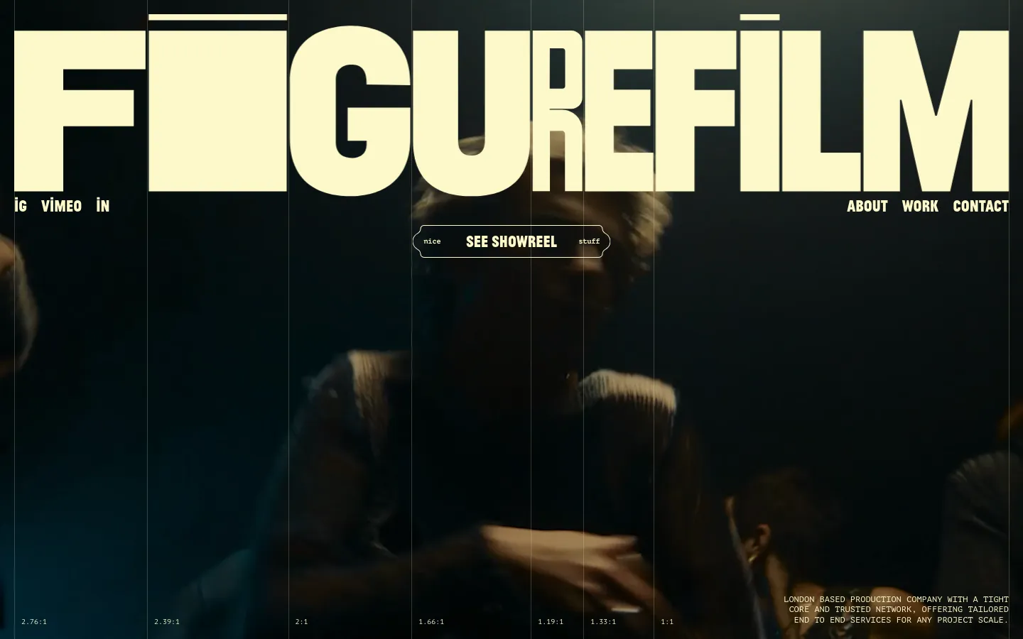 The desktop homepage features a large, bold 'FIGUREFILM' logo at the top over a cinematic, dark hero image of a person. The layout includes a navigation menu with 'ABOUT', 'WORK', and 'CONTACT', along with social links, and a central call-to-action button labeled 'SEE SHOWREEL'. A grid of featured work projects follows the hero section on a dark background.