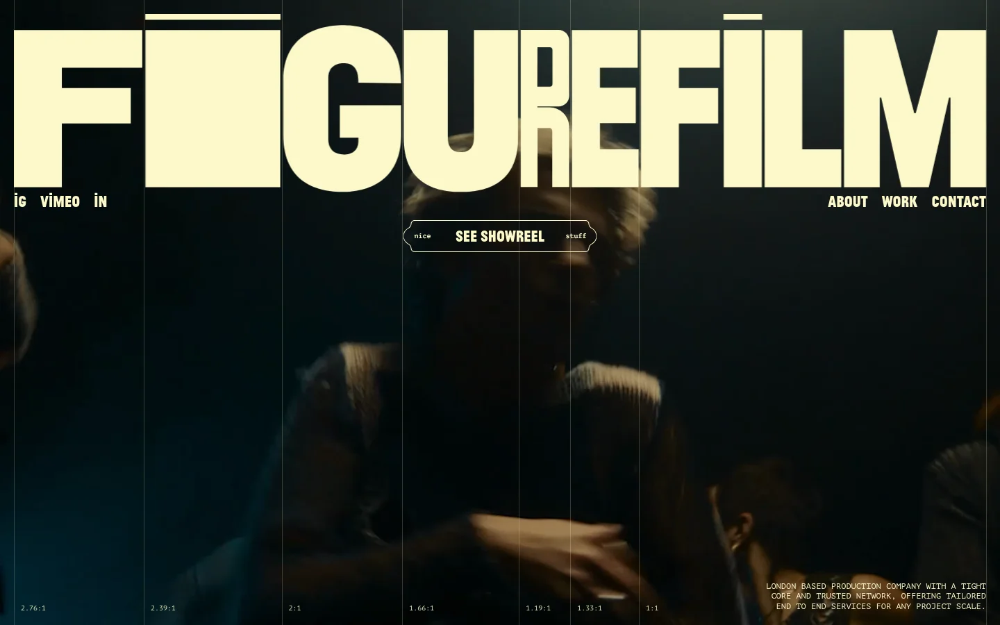 The desktop homepage features a large, bold 'FIGUREFILM' logo at the top over a cinematic, dark hero image of a person. The layout includes a navigation menu with 'ABOUT', 'WORK', and 'CONTACT', along with social links, and a central call-to-action button labeled 'SEE SHOWREEL'. A grid of featured work projects follows the hero section on a dark background.