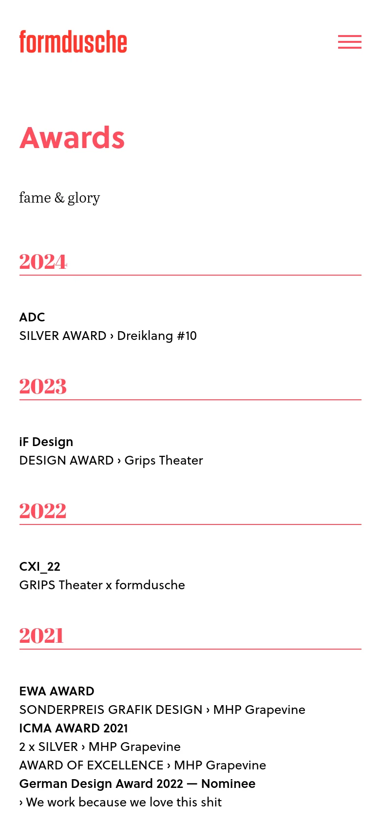 The mobile version shows a simplified layout with a large red logo and a hamburger menu icon at the top. The award list is stacked vertically in a single column, maintaining the pink year headings and black text on a white background.