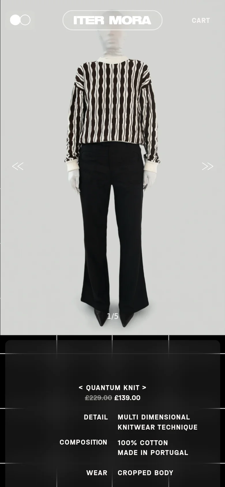 The mobile version presents a vertically stacked layout with the mannequin image centered at the top. Product information, including the title, discounted price, and technical details, is positioned below the image in a dark section with white text. Navigation and selection elements like color and size are simplified for a smaller screen.