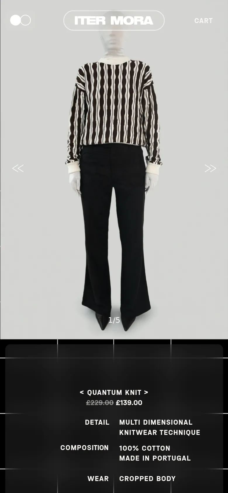 The mobile version presents a vertically stacked layout with the mannequin image centered at the top. Product information, including the title, discounted price, and technical details, is positioned below the image in a dark section with white text. Navigation and selection elements like color and size are simplified for a smaller screen.
