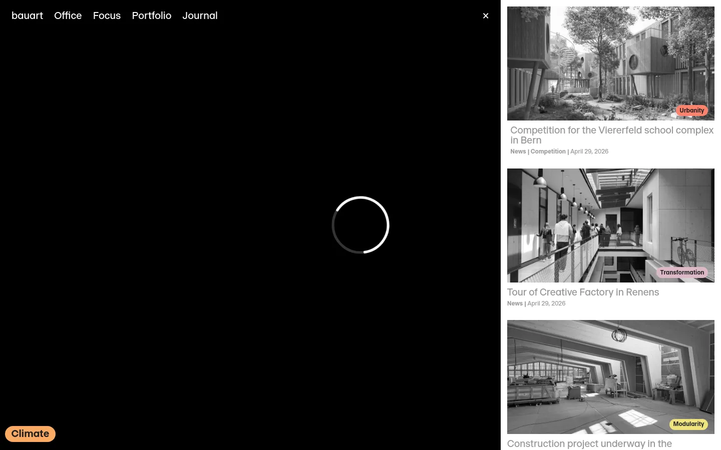 The desktop homepage features a minimalist dark design with a navigation menu including Office, Focus, Portfolio, and Journal. A large, central loading animation is visible against a black background, with a small tan label reading 'Modularity' in the bottom left and a 'Climate' label partially visible. To the right, a vertical column displays architectural project previews with large grayscale images and text overlays like 'Urbanity' and 'Transformation'.