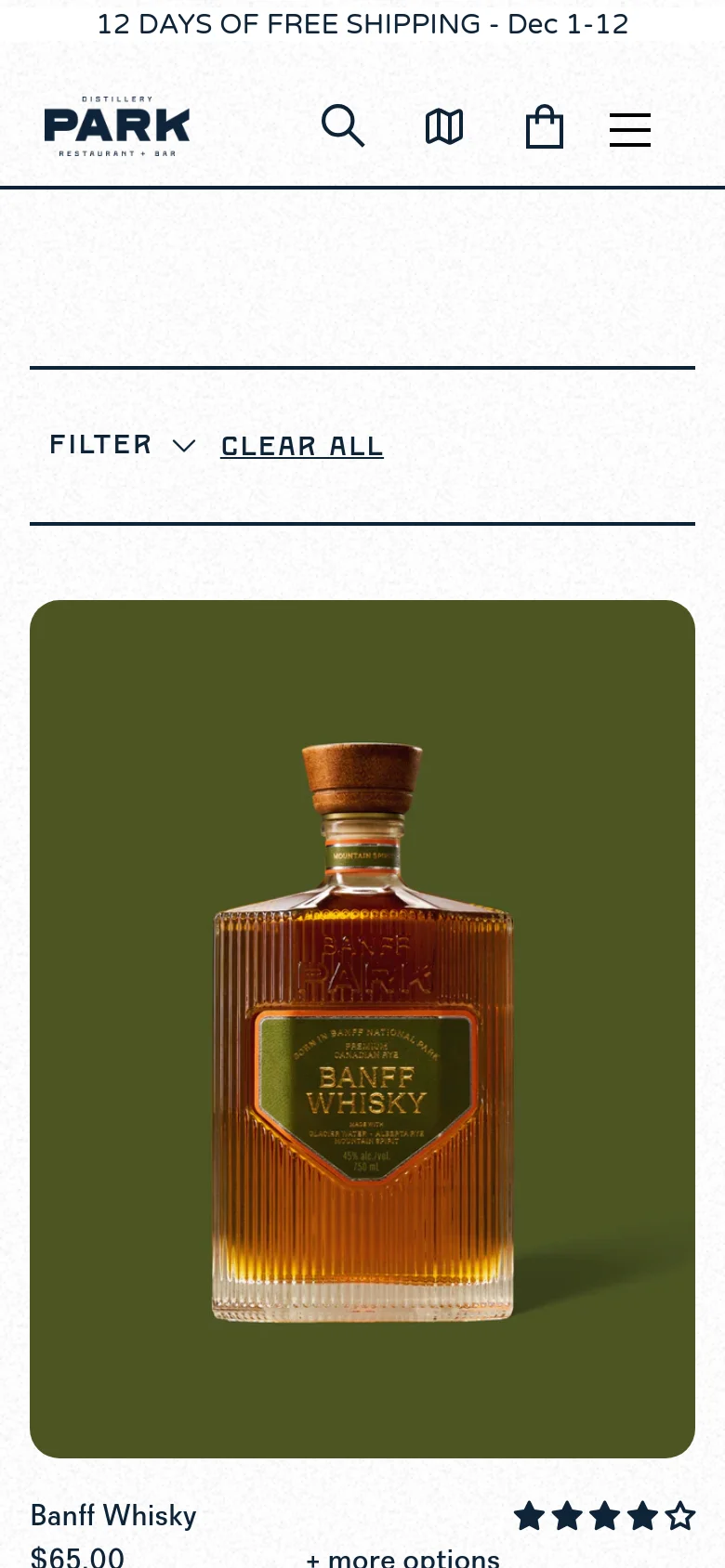 The mobile version features a simplified header with the brand logo, a search icon, a menu icon, a shopping bag icon, and a hamburger menu. The layout shifts to a single-column view, focusing on a large product image of Banff Whisky with its price and star rating visible directly below it. The filter and clear all options are presented in a stacked, vertical format suitable for touch navigation.
