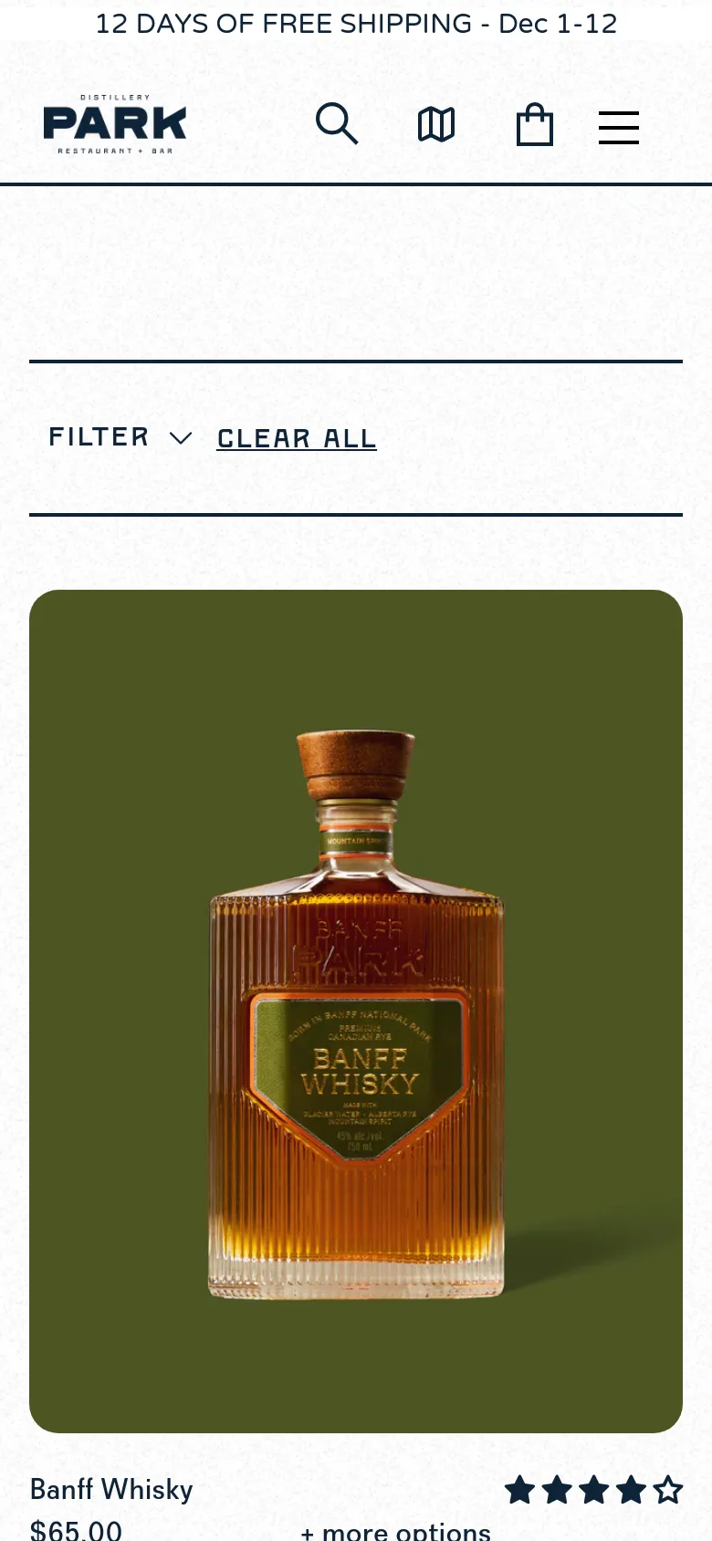 The mobile version features a simplified header with the brand logo, a search icon, a menu icon, a shopping bag icon, and a hamburger menu. The layout shifts to a single-column view, focusing on a large product image of Banff Whisky with its price and star rating visible directly below it. The filter and clear all options are presented in a stacked, vertical format suitable for touch navigation.