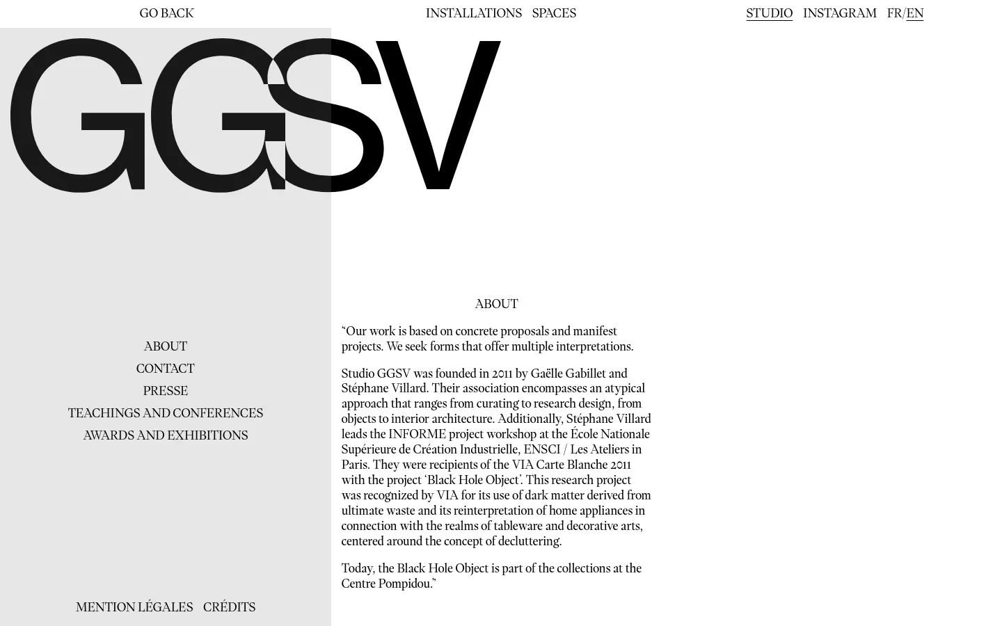 The desktop version of the Studio page features a minimalist design with a large black GGSV logo set against a light gray background. Navigation links like 'Installations', 'Spaces', and 'Studio' are spread across the top, while the 'About' section contains text describing the studio's history and mission. The layout uses ample white space and clean typography.