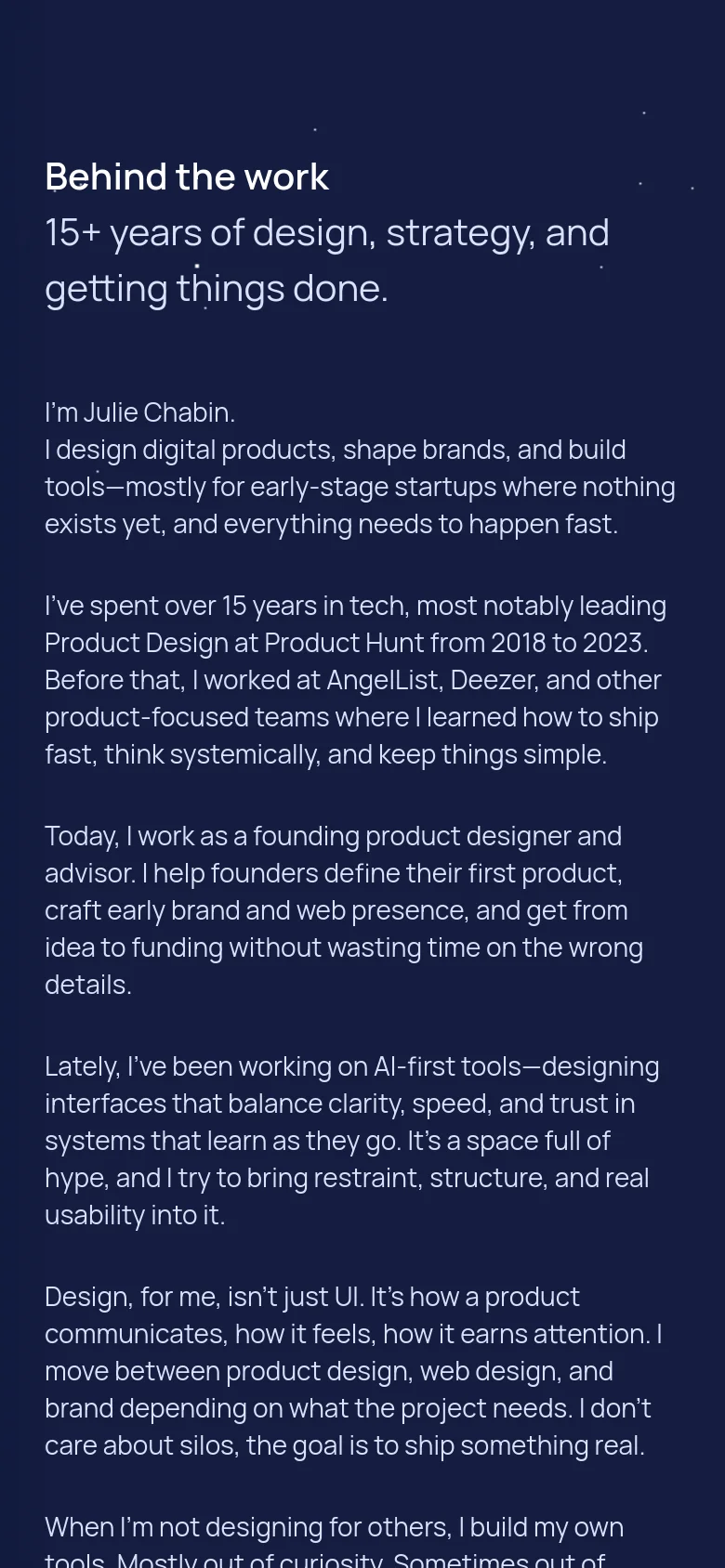 The mobile version maintains the dark navy theme and white text but uses a single-column vertical layout. The navigation is simplified, and the text is scaled for readability on a smaller screen, focusing on a continuous flow of the biographical content.