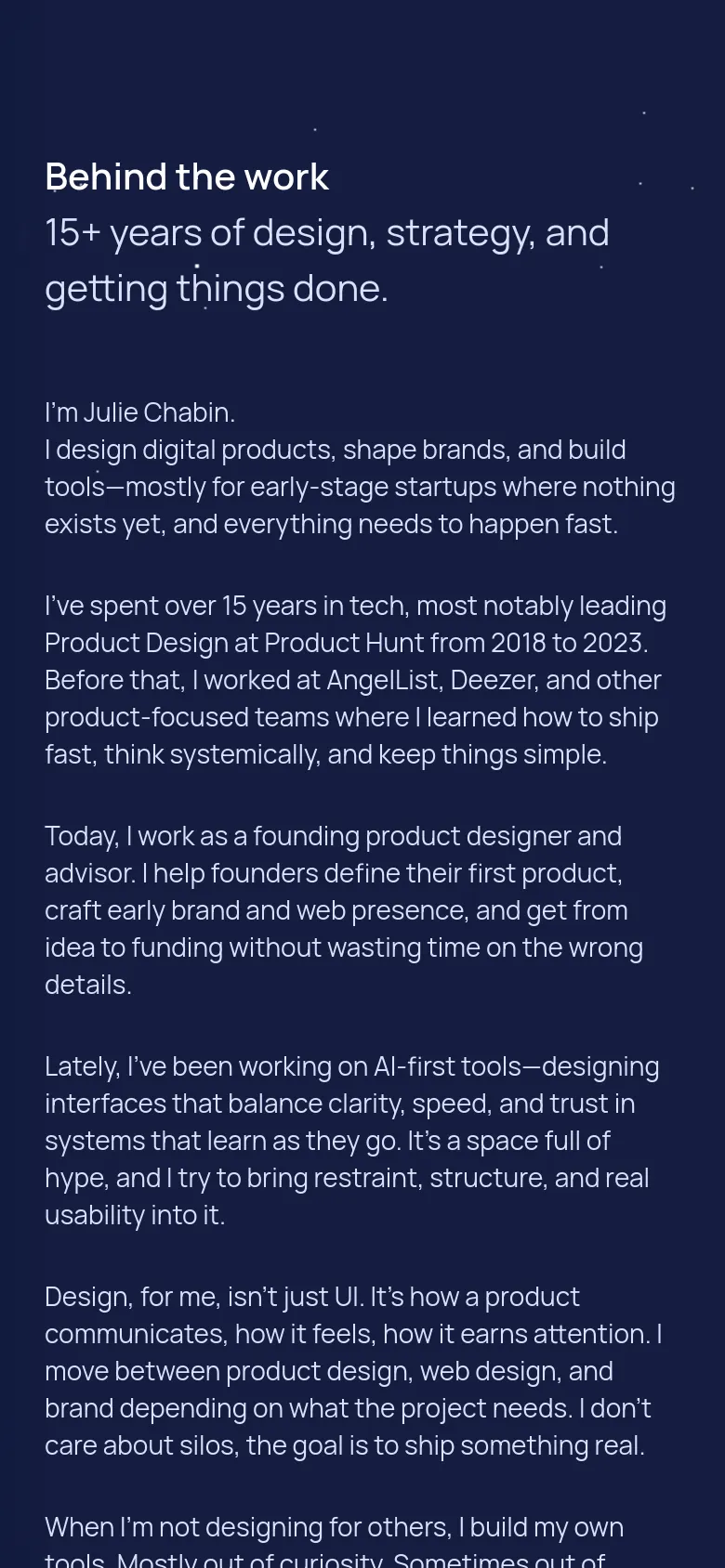 The mobile version maintains the dark navy theme and white text but uses a single-column vertical layout. The navigation is simplified, and the text is scaled for readability on a smaller screen, focusing on a continuous flow of the biographical content.