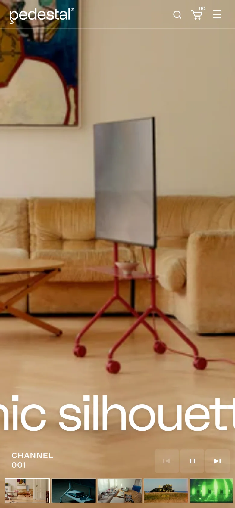 The mobile version presents a vertically stacked layout starting with a full-width hero image of the red TV stand and large white text. The navigation is condensed into a hamburger menu icon next to the logo, a search icon, and a cart icon. At the bottom, a horizontal thumbnail carousel labeled 'CHANNEL 001' allows users to swipe through different visual scenes.