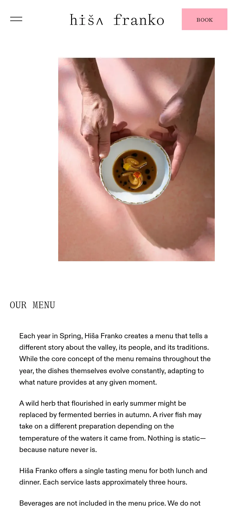 The mobile version uses a single-column vertical layout, starting with a large, centered hero image of a plated dish being served. Below the image, the 'Our Menu' heading and descriptive text span the width of the screen, followed by the menu pricing and booking options in a stacked format.