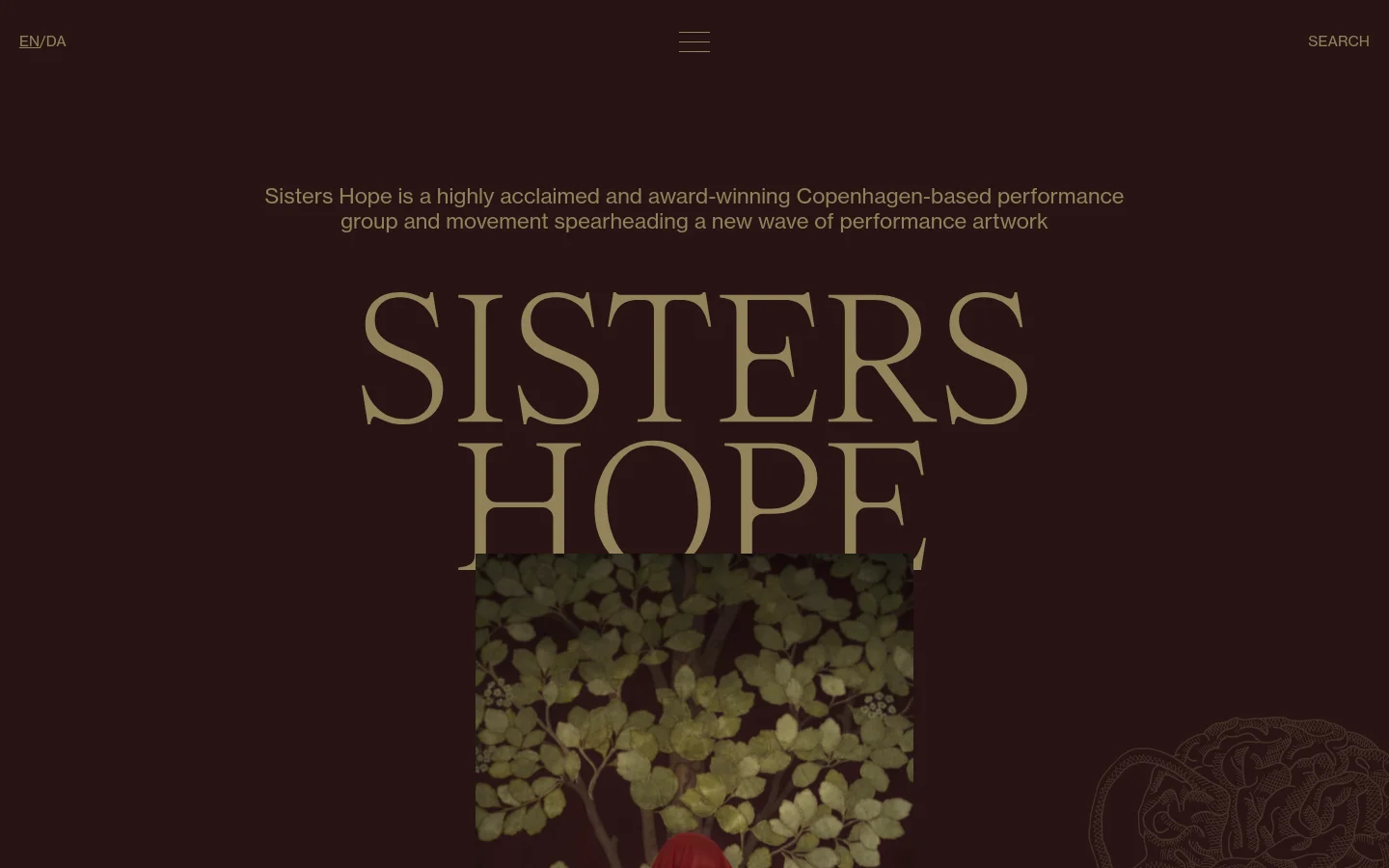The desktop homepage features a dark burgundy background with large, elegant gold serif typography reading 'SISTERS HOPE'. A central hero image shows a person draped in red fabric standing before a leafy tree, with a subtle brain-like line art graphic in the corner. The layout includes a top navigation bar with language options, a menu icon, and a search link.