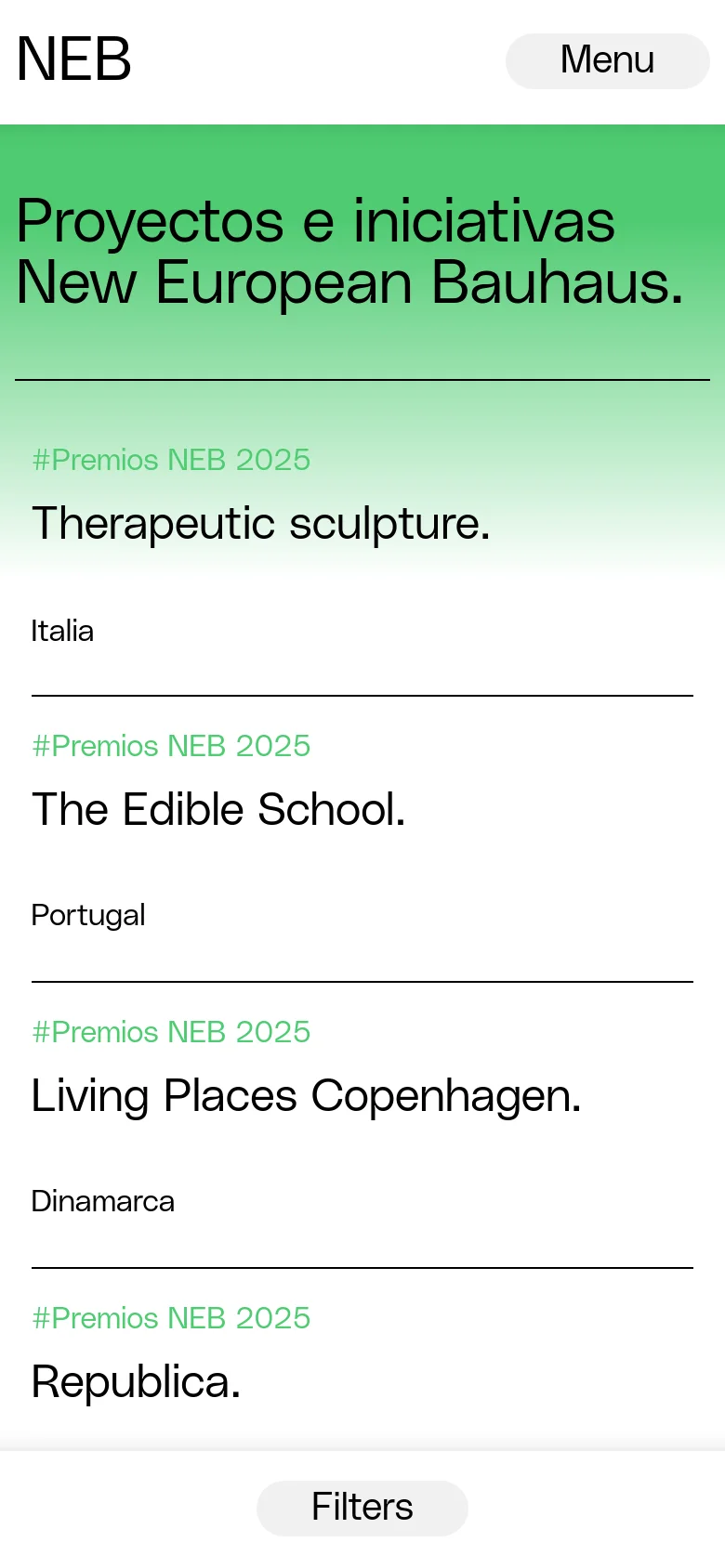 The mobile version features a full-width green hero section with the main headline. The project list follows in a single-column vertical scroll, showing the hashtag, project title, and country for each entry. A floating 'Filters' button is centered at the bottom of the screen for easy access.