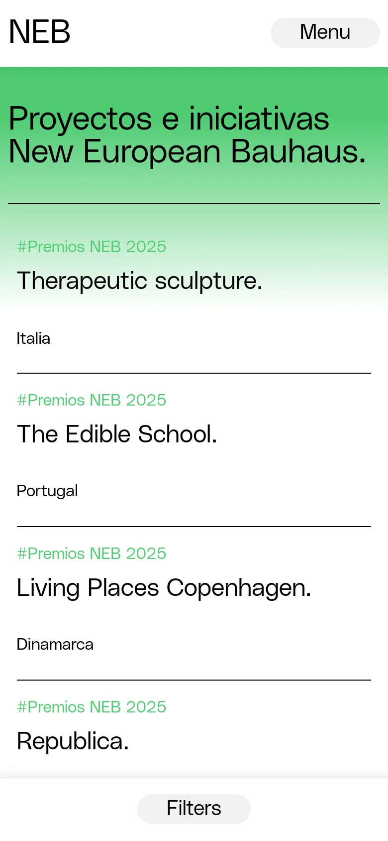 The mobile version features a full-width green hero section with the main headline. The project list follows in a single-column vertical scroll, showing the hashtag, project title, and country for each entry. A floating 'Filters' button is centered at the bottom of the screen for easy access.